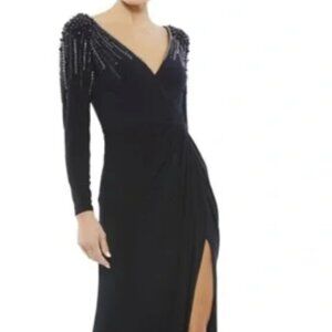 MacDuggal FAUX WRAP JERSEY GOWN W/ EMBELLISHED ACCENTS in NAVY